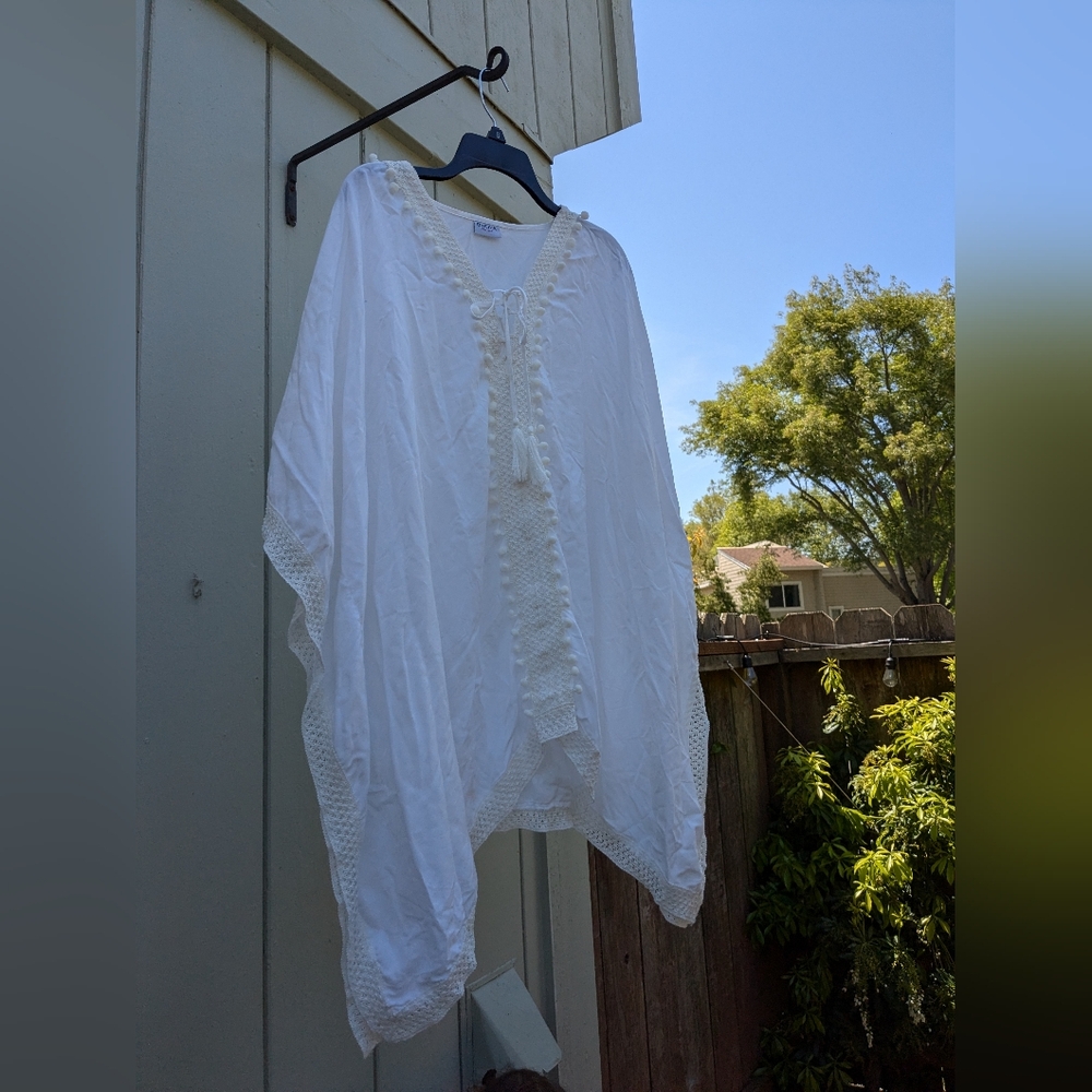 Flowing White Blouse or Swim Cover-Up w/ Crochet Details - Picture 2 of 7